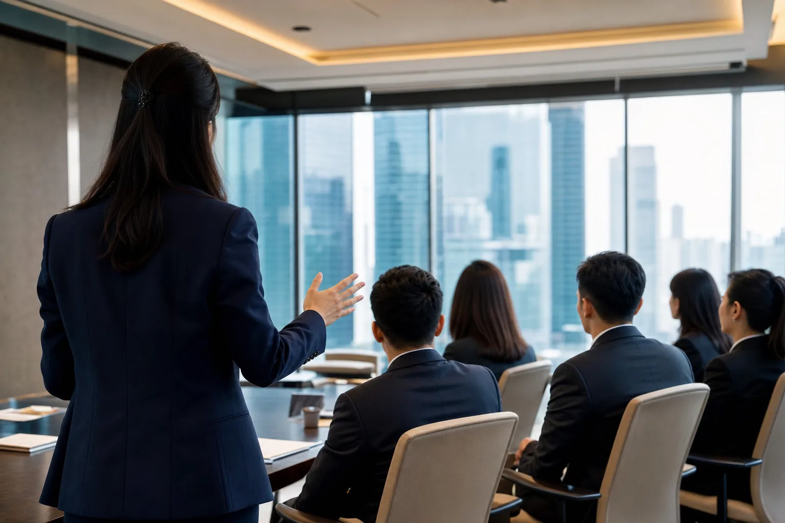 女性講師が会議室で外国籍人材にビジネスマナー研修を行う様子（後ろ姿）