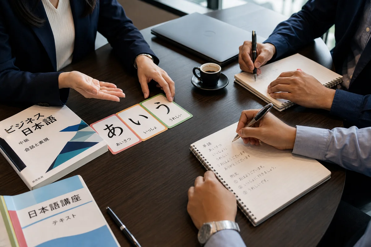 法人の会議室の机で、日本語講師とアジア系受講者の手元。ひらがなカードと教材を使ったビジネス日本語のレクチャー