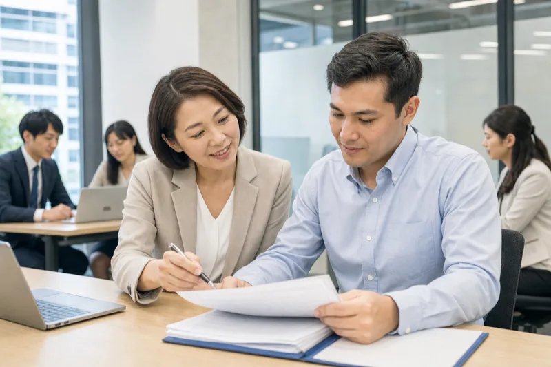 クライアント企業のオフィスでマニュアルを見ながら外国人材をサポートするイメージ（派遣・OJT伴走）